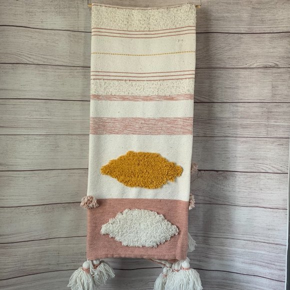 Rachel Zoe Other - Rachel Zoe Throw Blanket Cream and Pink Striped with Cream Pouf Clouds Tassels